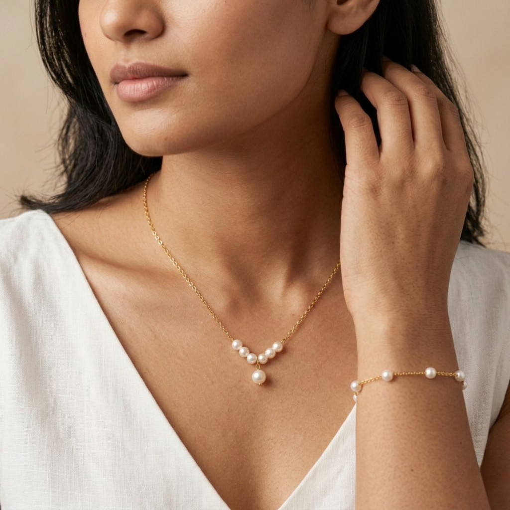 Home vritha gold plated pearl necklace and bracelet combo set for women