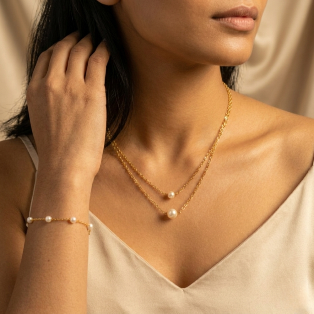 Home vritha gold plated pearl necklace and bracelet combo set for women