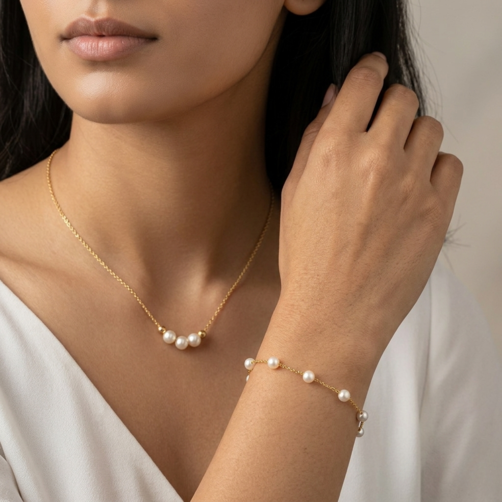 Home vritha gold plated pearl necklace and bracelet combo set for women (copy)