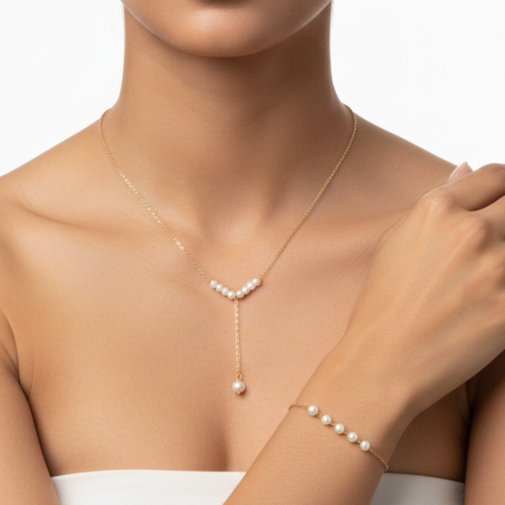 Home vritha gold plated pearl necklace and bracelet combo set for women (copy)