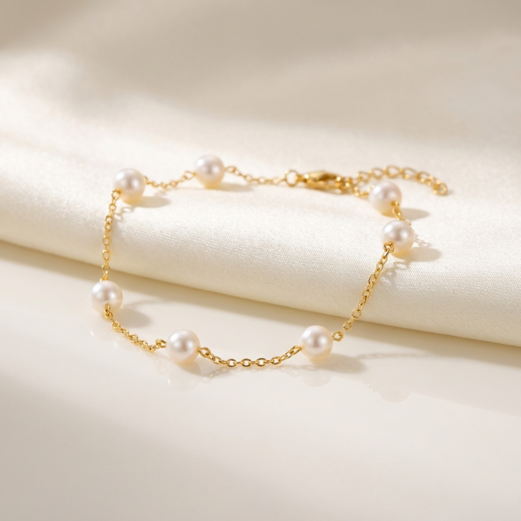 Home vritha gold plated pearl chain bracelet for women | elegant minimal pearl bracelet